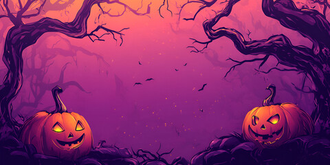 Haunted Halloween Scene with Pumpkins Under Creepy Trees