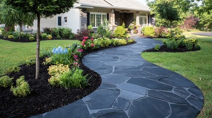 Obraz premium Stone Pathway Winding Through Landscaped Garden Leading to House Entrance
