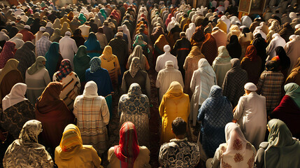 Muslims offering prayer together men and women. Eid prayer concept.