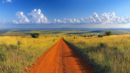A scenic dirt road stretches through a vibrant landscape under blue skies.