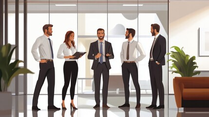 Fototapeta premium Business team discussing strategy, vector illustration in a modern office space