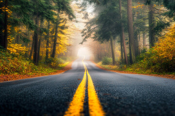 Fototapeta premium Serene Autumn Road with Warm Sunlight and Fog: Winding Path Through Evergreen Trees and Fall Foliage