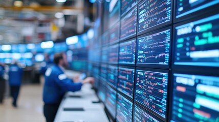 Obraz premium Close-up of a financial expert analyzing stock market data on multiple screens in a modern trading environment, showcasing technology.