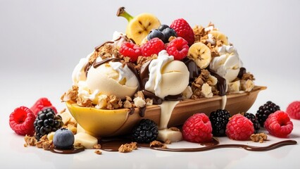 Fototapeta premium A decadent banana split with three scoops of ice cream, whipped cream, and berries, isolated on white background.-