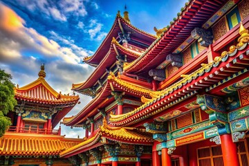 Fototapeta premium Traditional Chinese Temple with Ornate Roof and Detailed Architecture in Stunning AI Generated Imagery for Cultural