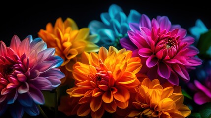 Vibrant multi colored flowers in a dark background, showcasing beauty and nature