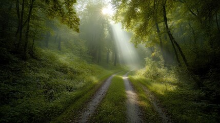 Obraz premium A serene forest path illuminated by sunlight, creating a tranquil atmosphere.