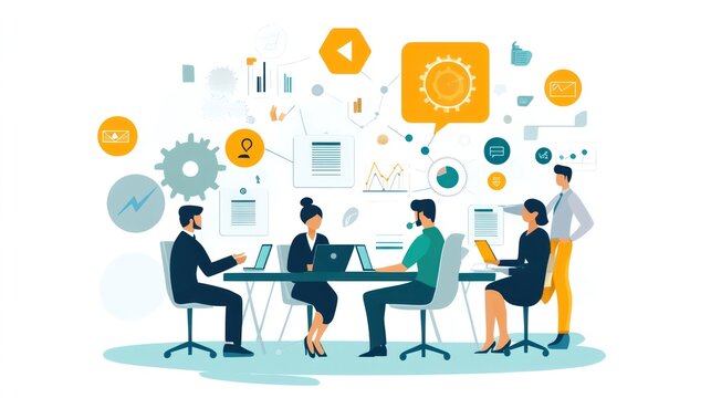 Business teamwork illustration vector, featuring colleagues working together towards a common goal in an office