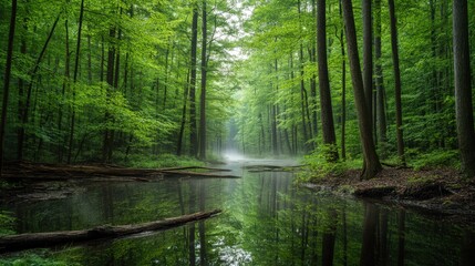 Obraz premium A serene forest scene with a calm river reflecting lush greenery and mist.