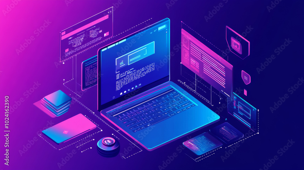Poster building websites and apps that work on all devices. the image shows a laptop with code and internet