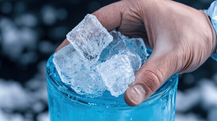 Hand Holding Ice Cubes in Glass with Blue Liquid