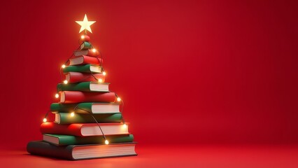 Christmas tree made of books decorated with lights, star and ornaments over red background. Library, bookshop or education banner with copy space. Xmas and New Year holidays celebration greeting card.