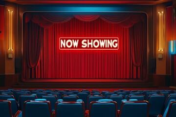 red curtain theater with now showing word by generative ai