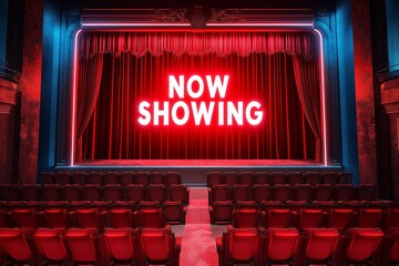 red curtain theater with now showing word by generative ai