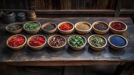 Fototapeta premium Assorted spices and herbs in wooden bowls.