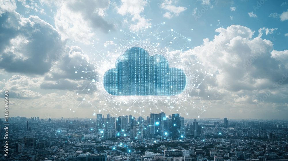 Poster a city skyline with a database at its center represents data storage and cloud computing. this image