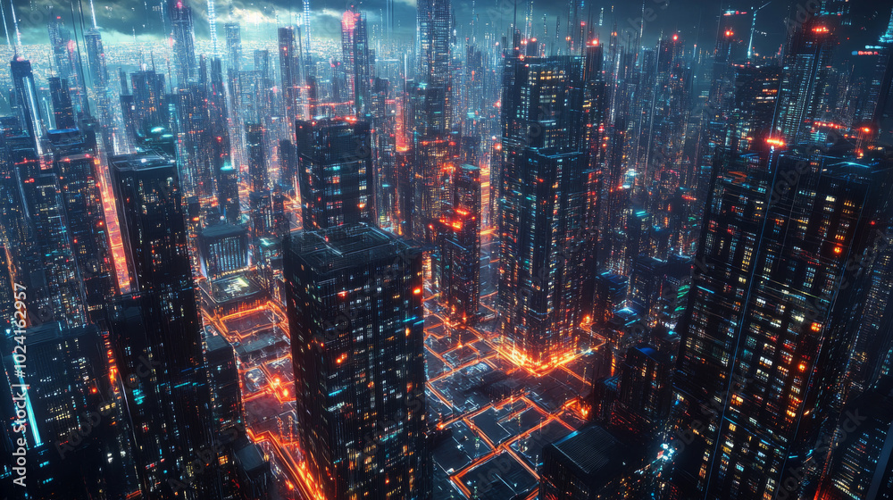 Poster a city skyline with a database at its center represents data storage and cloud computing. this image