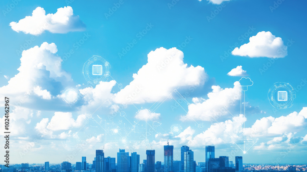 Poster a city skyline with a database at its center represents data storage and cloud computing. this image
