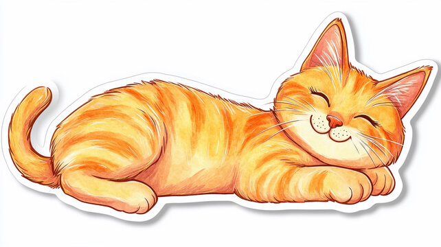 Happy sleeping orange tabby cat sticker design with grin on his face