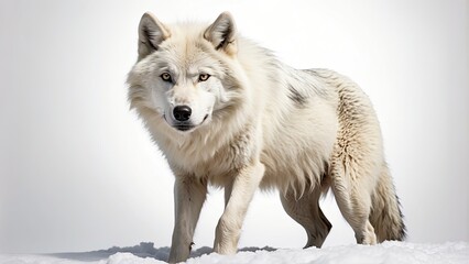Obraz premium A white wolf standing alert with its fur blending into the snow, representing strength and resilience, isolated on white