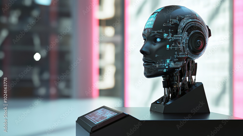 Poster a futuristic robot head sits above a podium, looking at a digital screen. the robot represents artif