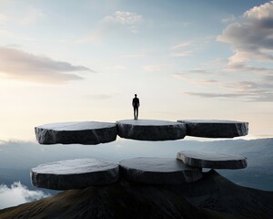 A person standing on a bridge made of stepping stones, symbolizing calculated risks.