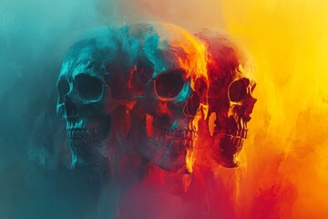 Three colorful skulls in ethereal smoke, symbolizing life and death.