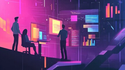 Company employees collaborating on digital projects, vector illustration with a focus on modern technology