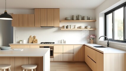 Light home kitchen interior with bar counter, sink and kitchenware with shelves