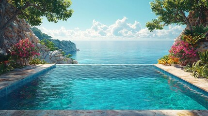 Obraz premium A serene infinity pool overlooks a tranquil ocean, surrounded by lush greenery and colorful flowers under a clear blue sky.