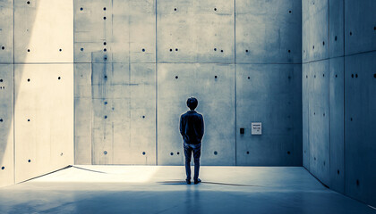 Fototapeta premium Photograph individuals standing in open spaces where there are invisible lines or marks (drawn in post-production or with tape) that 