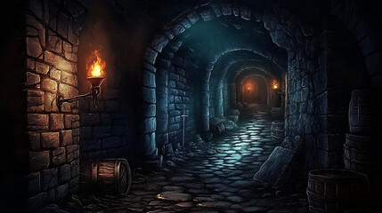 A dark, mysterious underground dungeon depicted by stone walls, flickering torches and eerie shadows.