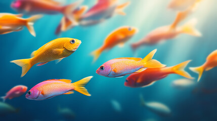 Fototapeta premium A vibrant underwater scene featuring colorful goldfish swimming gracefully in clear blue water, illuminated by soft rays of sunlight, creating a serene and lively atmosphere.