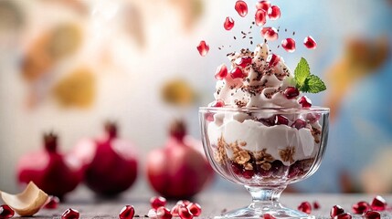 Delicious parfait with pomegranate and granola.