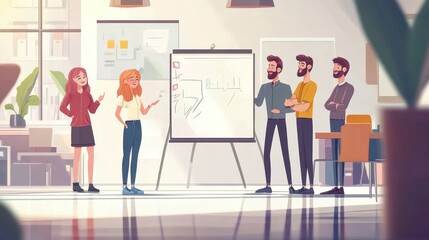 Corporate team brainstorming in an office, vector design with characters gathered around a whiteboard