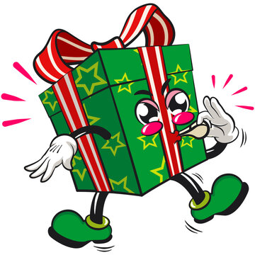 recommend clip art: green gift box cartoon character and stars pattern with a red ribbon isolated vector illustration is blowing the whistle, the concept of birthday, christmas, new year, work of hand drawn