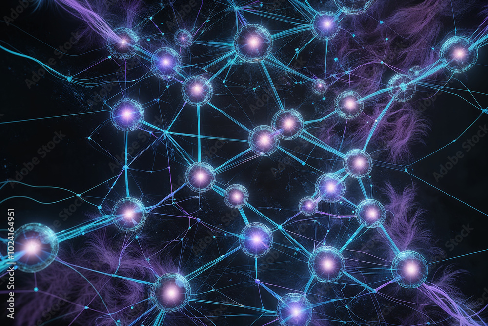 Poster abstract cybernetic network with interconnecting nodes and illuminated paths, set against a dark bac