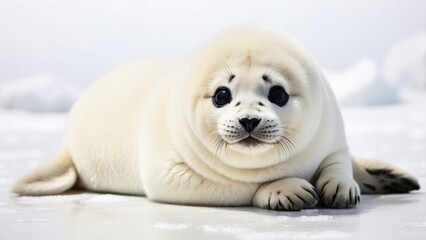 A harp seal pup lying on the ice with its white fur and big, dark eyes, isolated on white background.