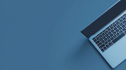 A laptop rests on its corner, showing its keyboard. The blue background and angled view create a modern, tech-focused image. The laptop's bright screen highlights its digital power.