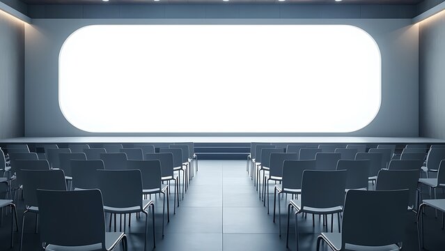 Row of seats and wide format mock up blank screen with stage