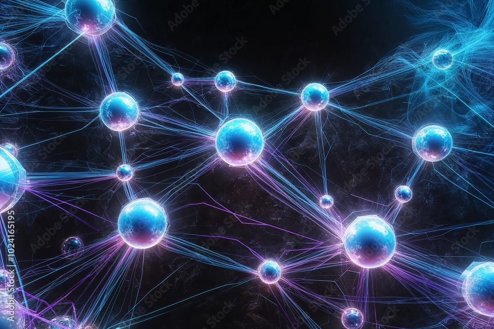 Poster abstract cybernetic network with interconnecting nodes and illuminated paths, set against a dark bac