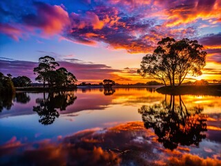 Vibrant Australian Sunrise Reflections with Trees in Tranquil Lake