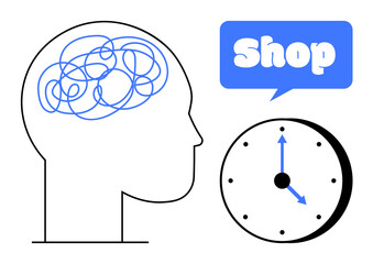 Silhouette of a head with tangled lines representing thoughts, a classic clock showing time, and a speech bubble with the word Shop Ideal for retail business, time management, brainstorming, mental