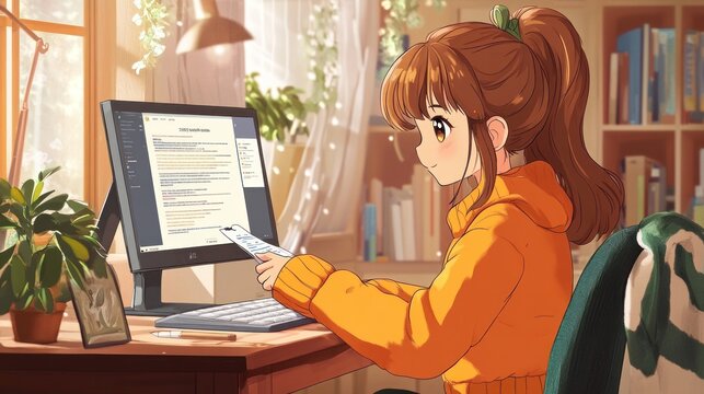 Cute anime character filling out a questionnaire online, sitting at a desk with a computer in a cozy room