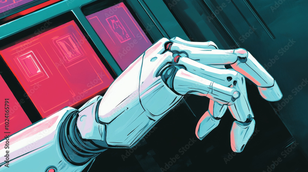 Poster a robot hand presses a button on a touchscreen to prevent spam and hacking. this is shown in an illu