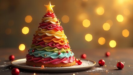 Rainbow colorful cake in form of Christmas tree over golden sparkling background with shining blurred lights. Festive mood of Xmas holiday celebration. Magical copy space for bakery or pastry shop