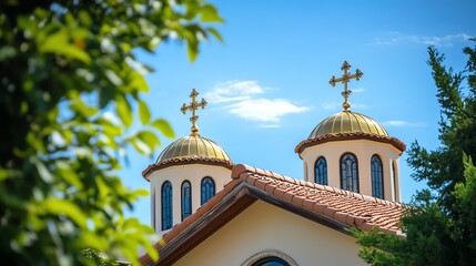 Church domes with golden crosses and blue sky