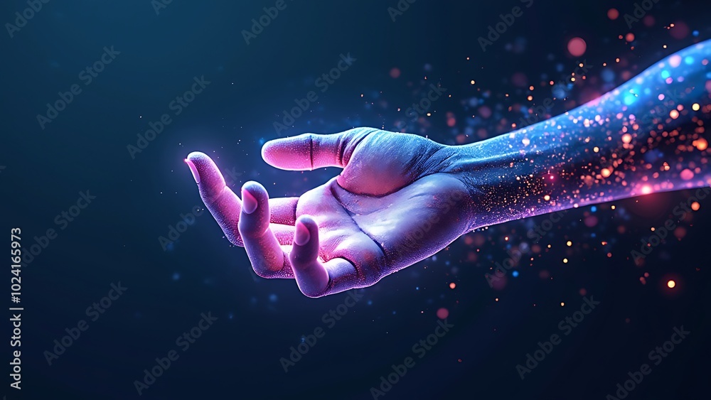 Poster abstract digital wave dots background with gradient color and hand shape technology concept design f