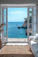 Fototapeta premium Serene coastal view from an open window, showcasing blue waters, distant cliffs, and natural light flooding a cozy room.