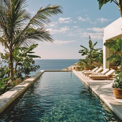 Fototapeta premium Serene infinity pool overlooking the ocean, surrounded by lush greenery and modern lounge chairs, perfect for relaxation and leisure.